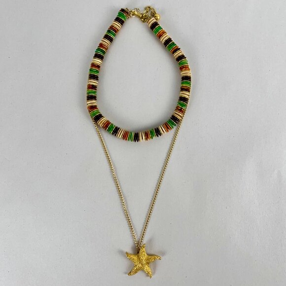2 Set TRIFARI: Gold-Tone Starfish Pendant Necklace + Multicolor Beaded Choker - Picture 2 of 8